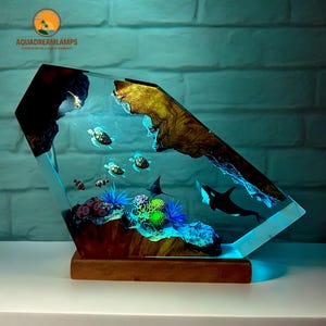 Custom Ocean Night Light - Epoxy Resin Wood Lamp - Orca, Turtle, Manta Ray Decor - Freediving Desk Lamp - Unique Gift for Home, Table lamp